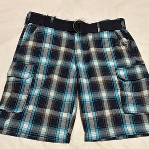 Modern Culture ~ Men’s 38 Cargo Shorts Plaid w/ Belt Blue/White